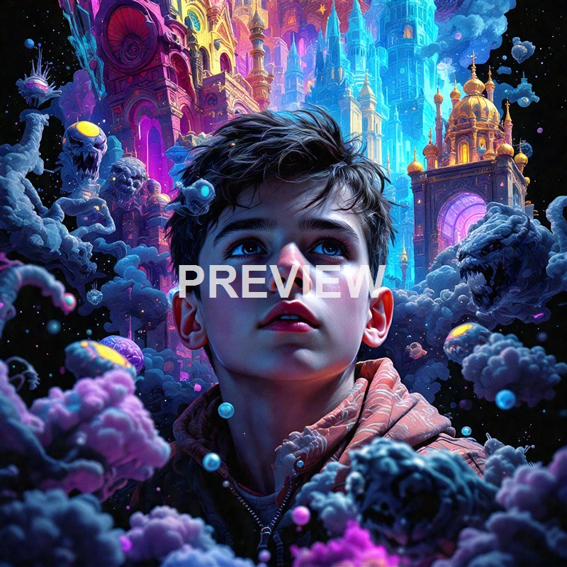 A young boy with dark hair and blue eyes gazes upward amidst a surreal, fantastical landscape filled with colorful clouds, floating islands, and an elaborate castle-like structure in vivid hues of pink, purple, blue, and gold.